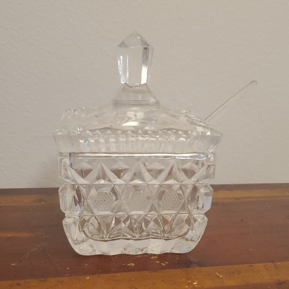 Vintage 1994 Clear Crystal Sugar Bowl with Lid and Spoon